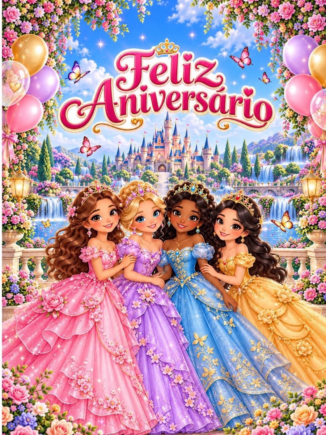 Painel de Aniversário Princesas para Imprimir – 25 Folhas A4 — amostra 2: Painel de princesas para aniversário em 25 folhas…