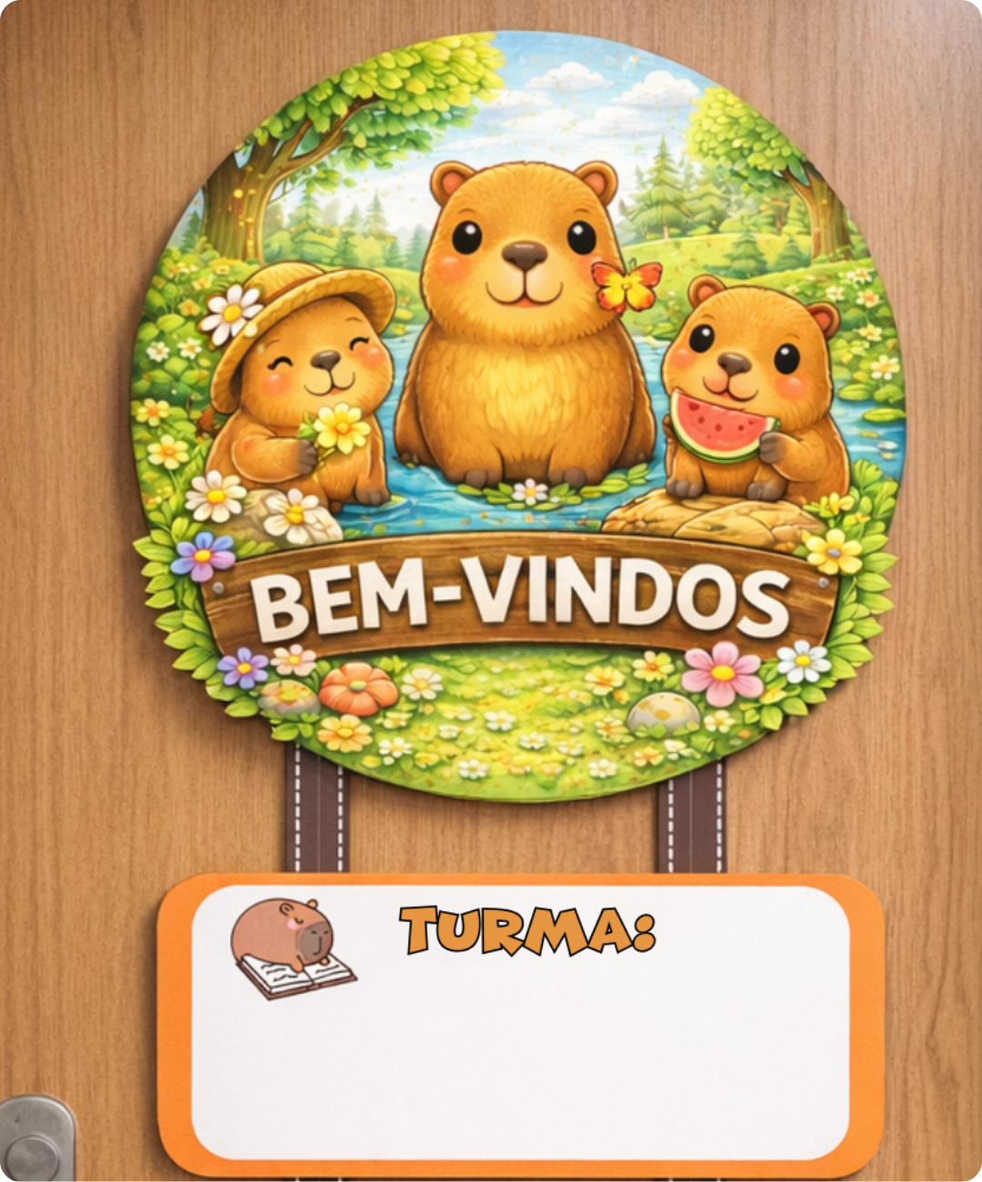 Painel de capivara para imprimir — amostra 1: Uma porta preparada para receber a turma