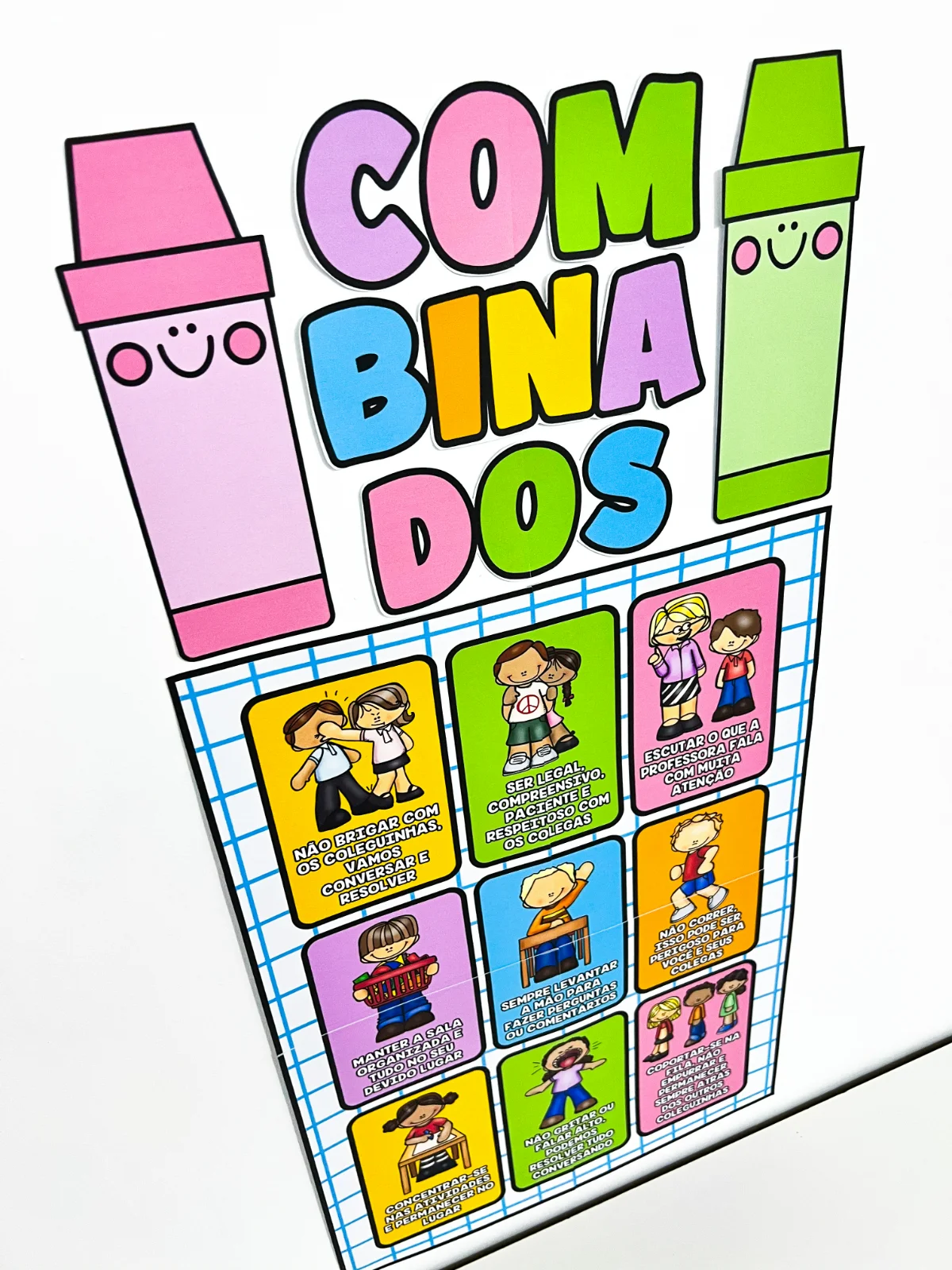 Painel de Combinados da Turma – Material Pedagógico — amostra 2: composto por seis folhas, com ilustrações coloridas e…