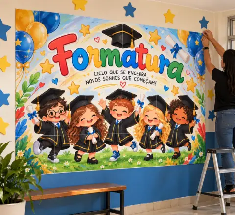 Painel de Formatura para Imprimir em 16 Folhas A4 — amostra 2: O QUE VOCÊ ENCONTRA NO MATERIAL?
