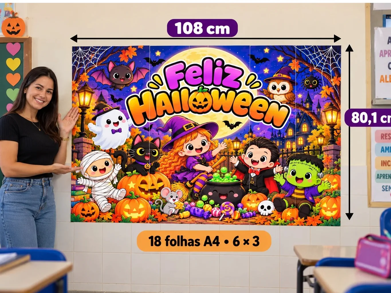 PAINEL DE HALLOWEEN 18 FOLHAS A4 • 6x3 decoração — amostra 1: 🎃 Painel de Halloween para Imprimir – 18 Folhas A4