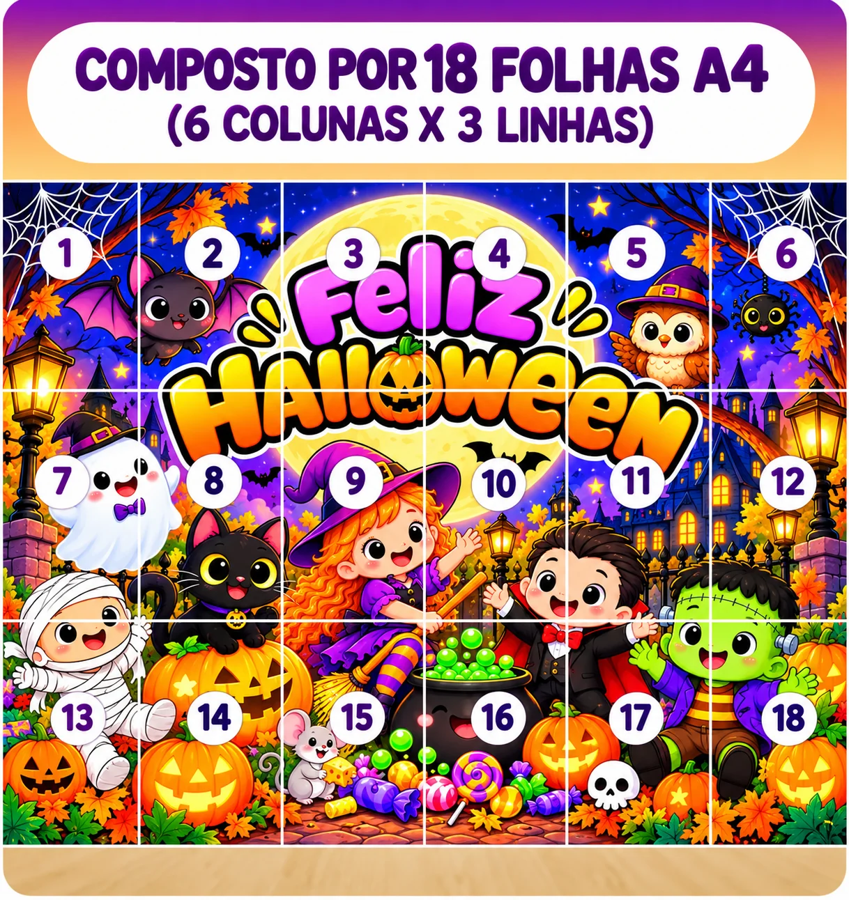 PAINEL DE HALLOWEEN 18 FOLHAS A4 • 6x3 decoração — amostra 2: 👻 O que você recebe?