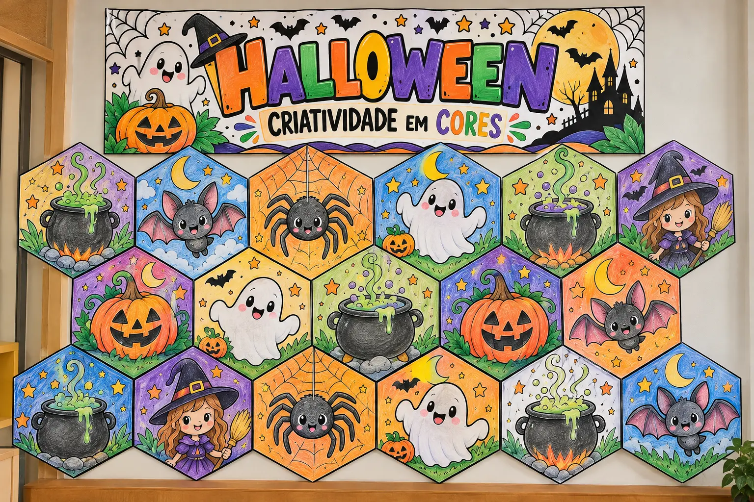 Painel de Halloween para Colorir e Montar na Escola — amostra 1: Painel de Halloween para Colorir e Montar – Criatividade…