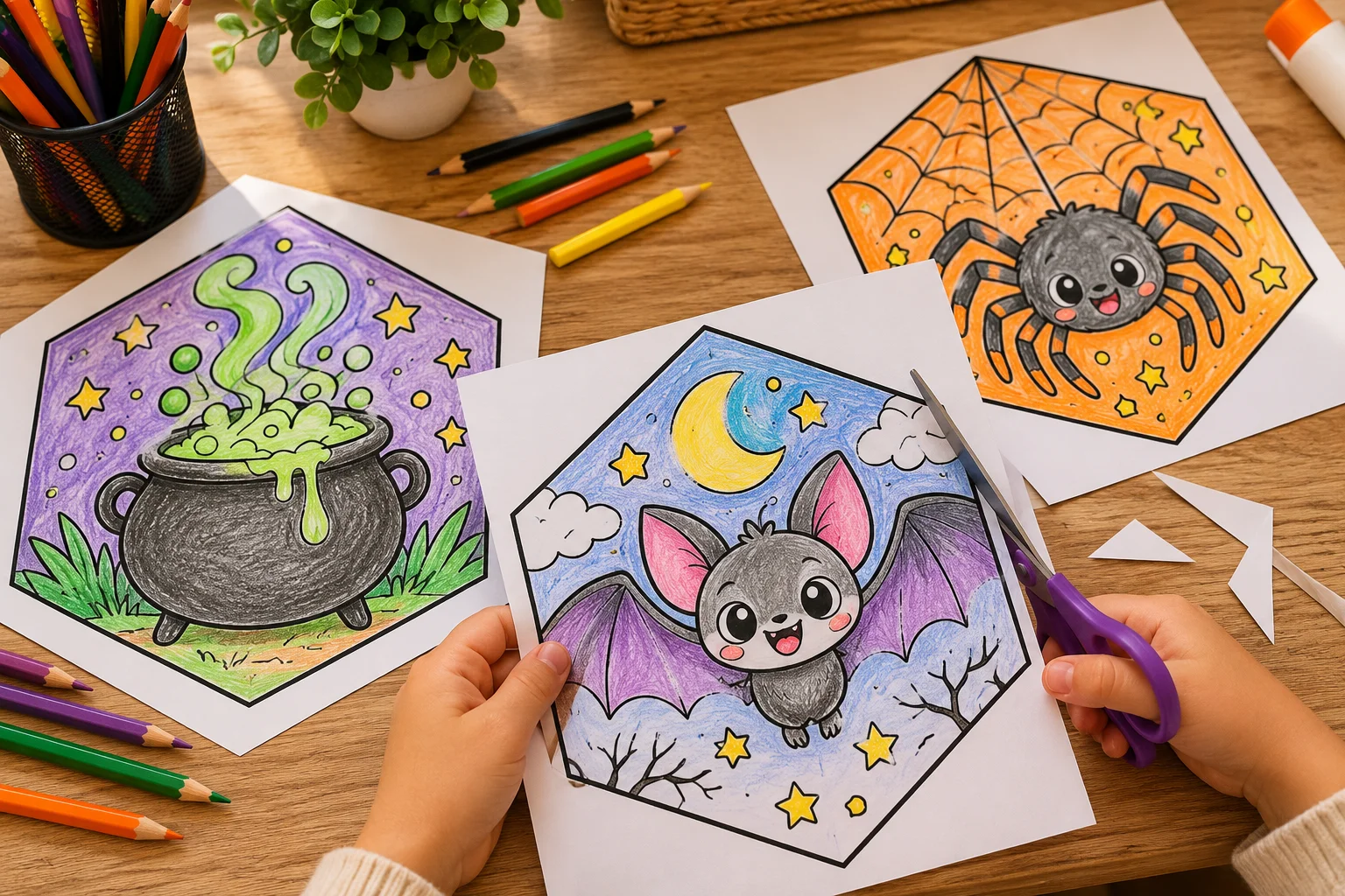 Painel de Halloween para Colorir e Montar na Escola — amostra 3: 6 ilustrações em formato hexagonal para colorir