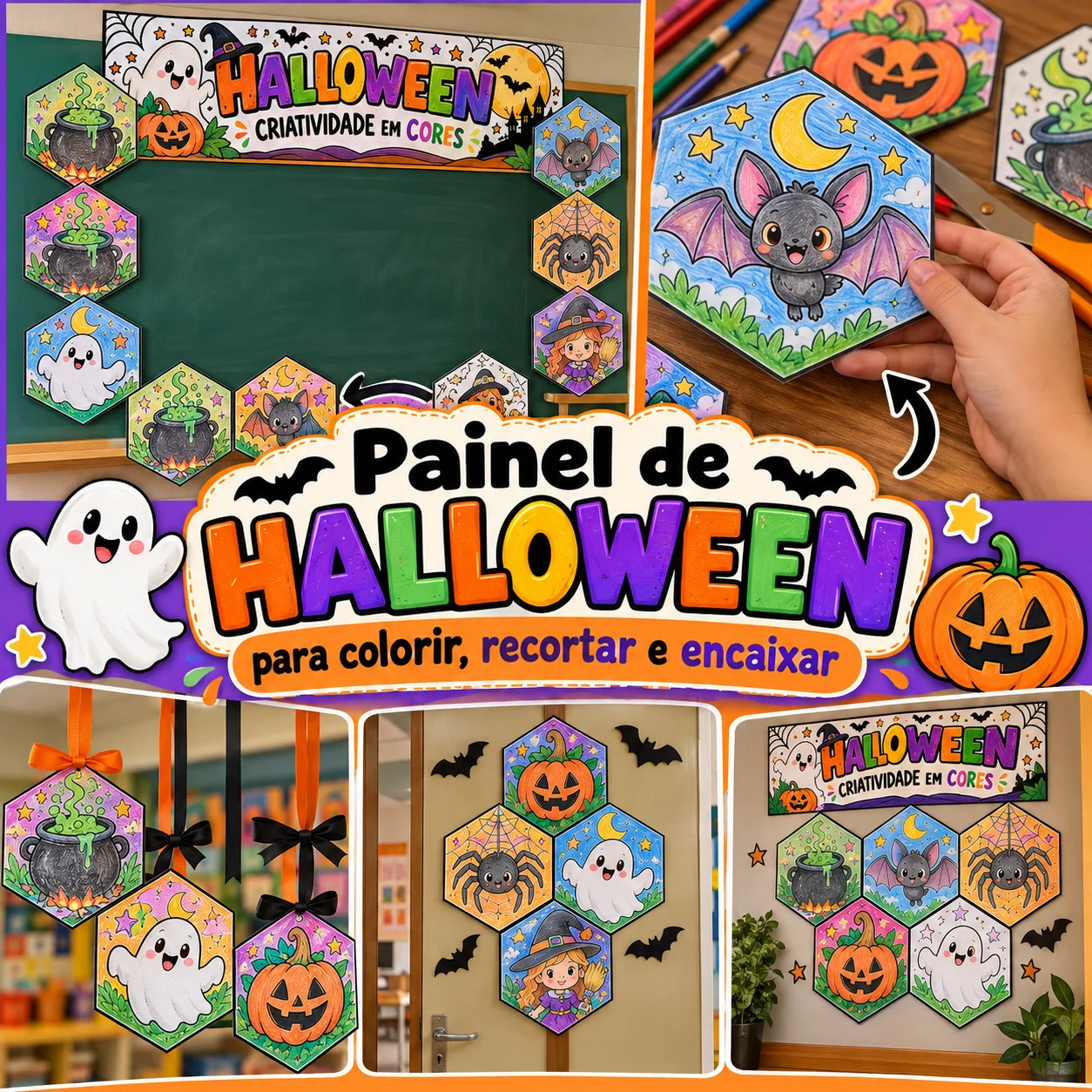 Painel de Halloween para Colorir e Montar na Escola — Datas comemorativas para Educação Infantil: Painel de Halloween para…
