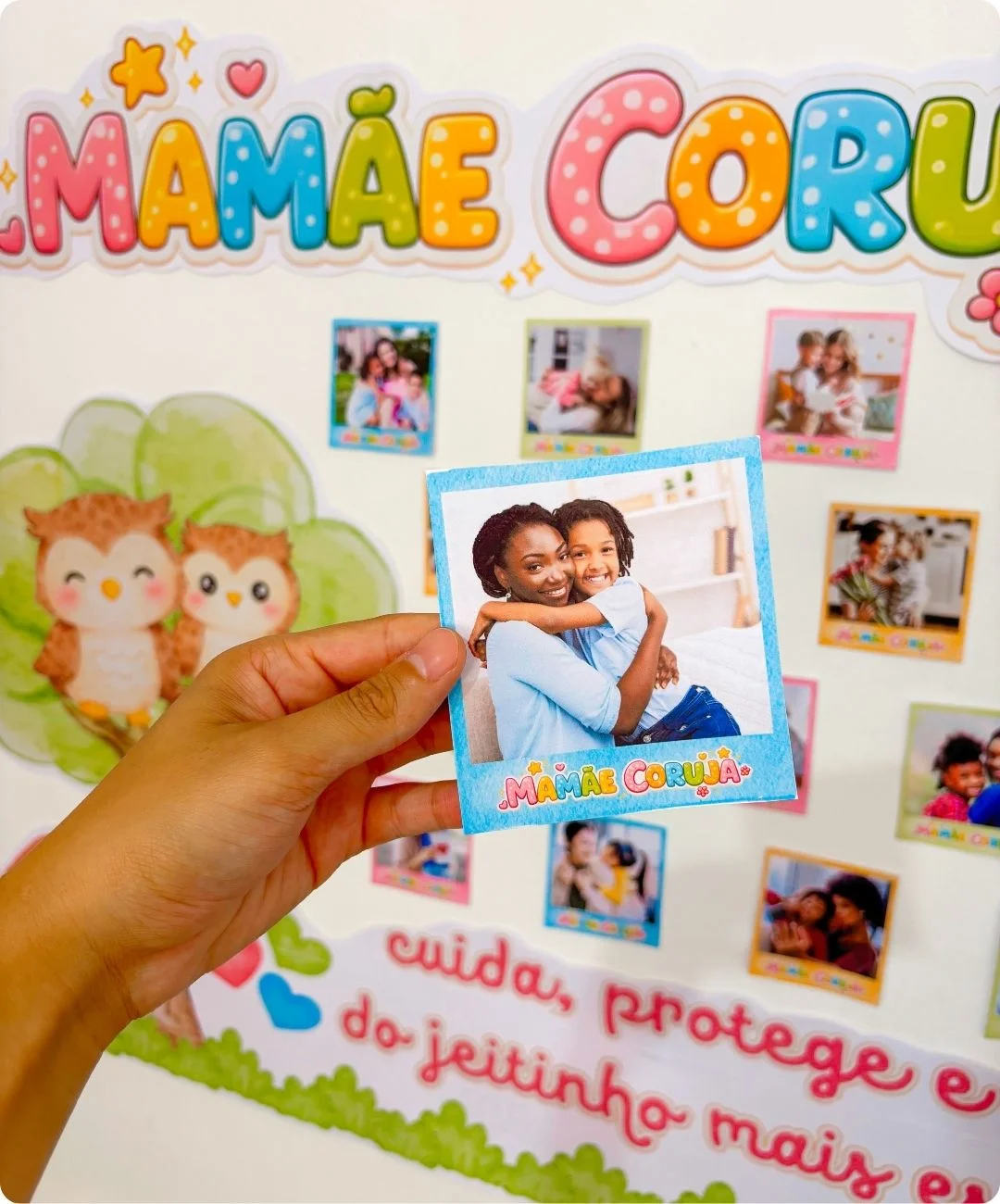 Painel de mãe coruja para imprimir no Dia das Mães — amostra 1: Uma homenagem com fotos para montar na escola