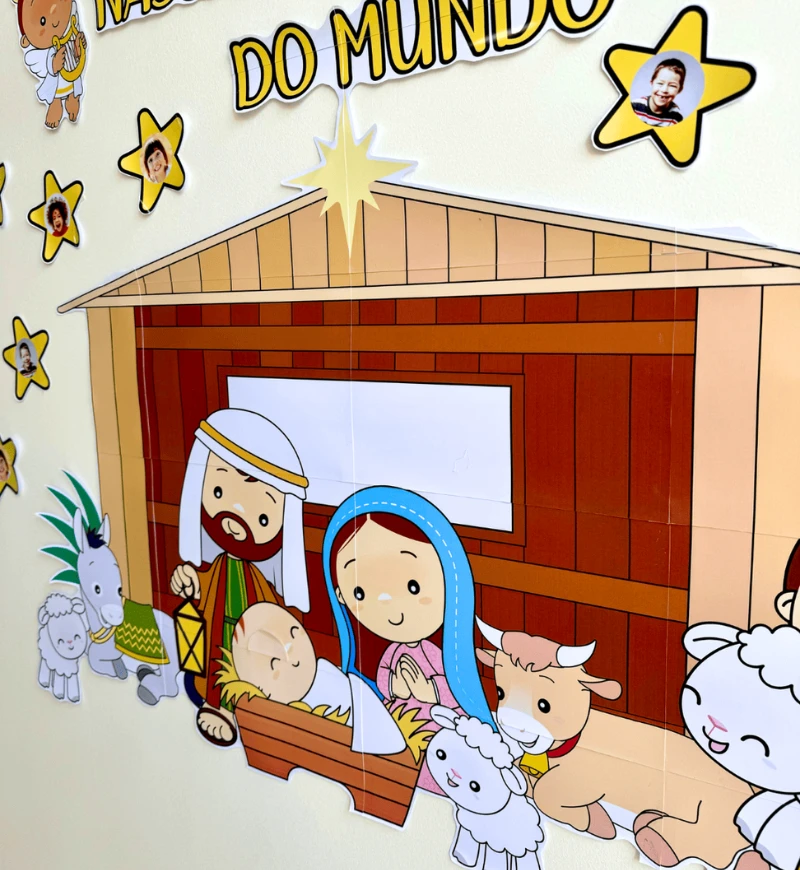 Painel de Natal Cristão com Presépio e Fotos das Crianças — amostra 3: Como usar o painel em sala de aula
