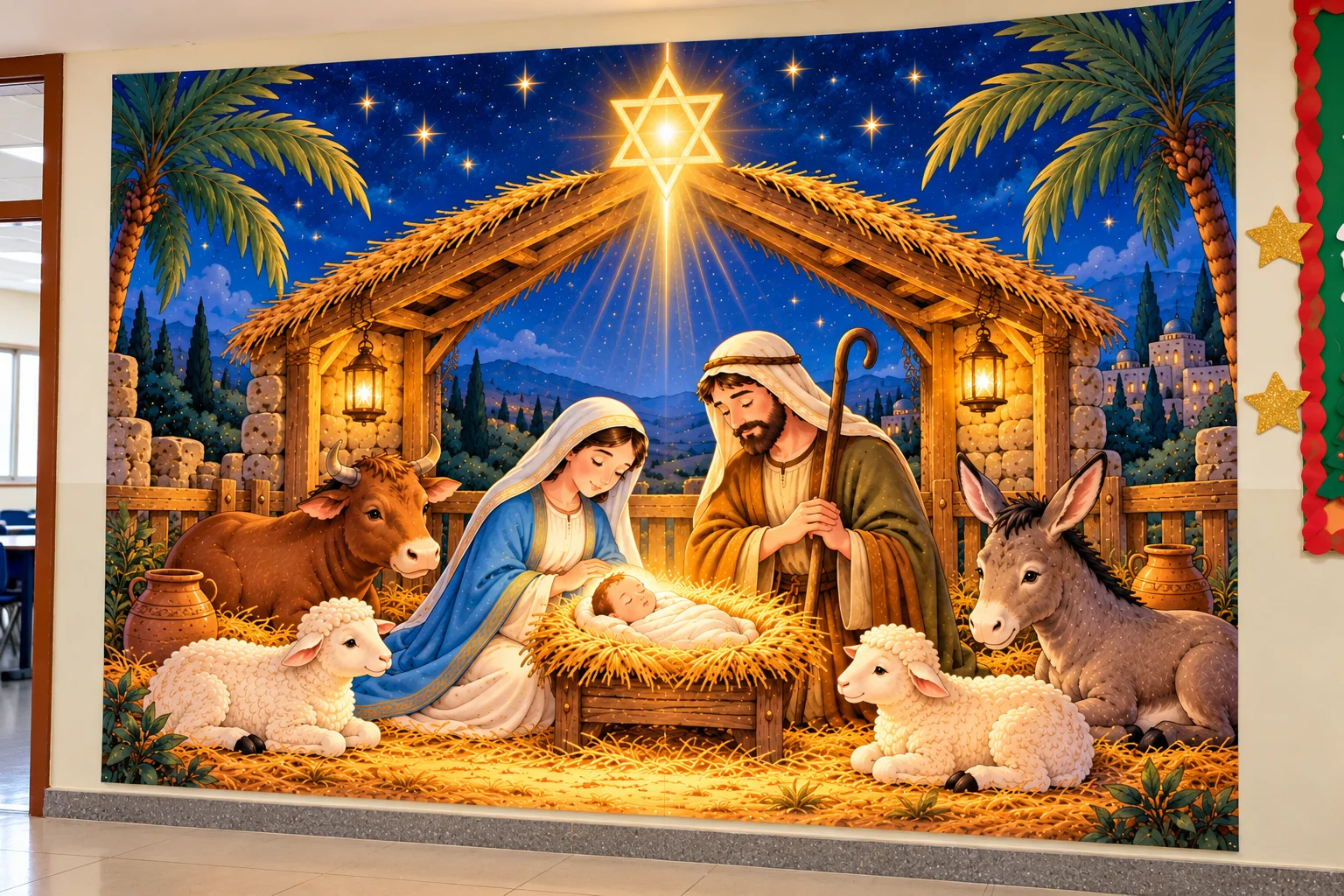 Painel de Natal Escolar com Presépio de Jesus, Maria e José — amostra 1: Painel de Natal Presépio para Escola – Decoração…
