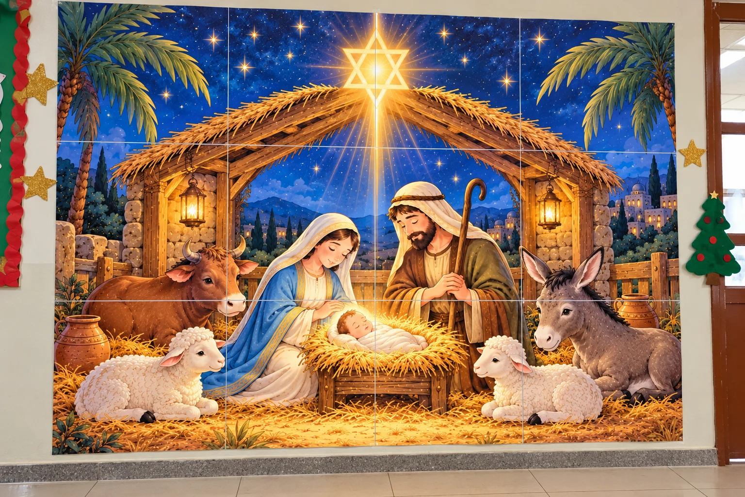 Painel de Natal Escolar com Presépio de Jesus, Maria e José — amostra 2: O que acompanha o material?