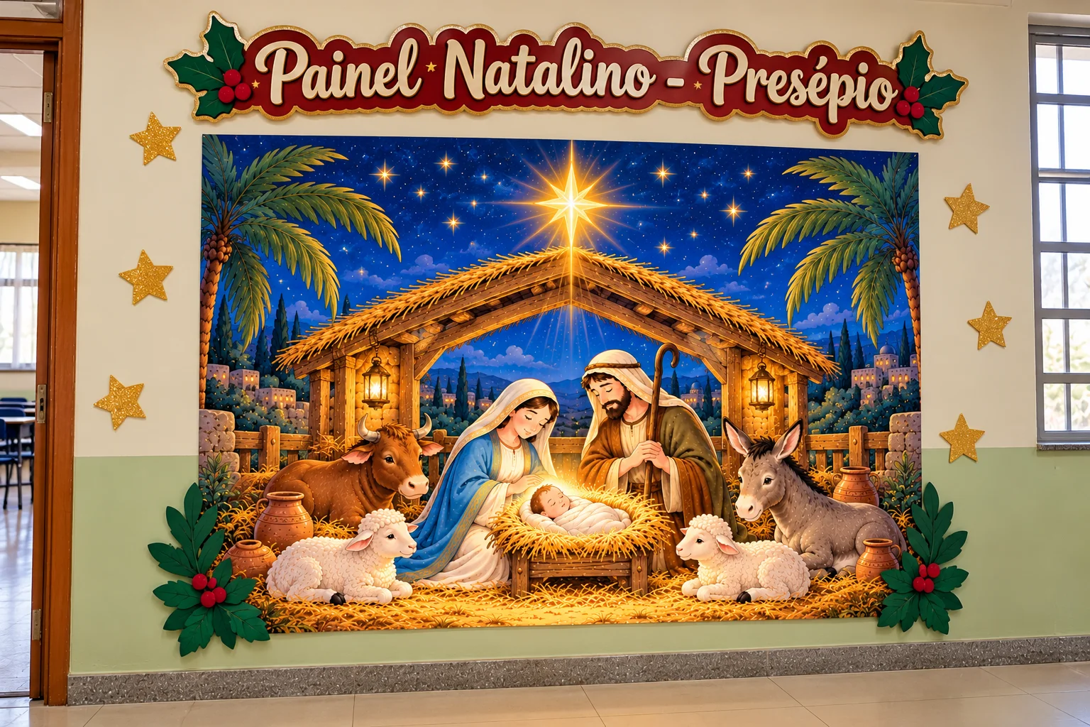Painel de Natal Escolar com Presépio de Jesus, Maria e José — Matemática para Educação Infantil: Decore sua escola com um…