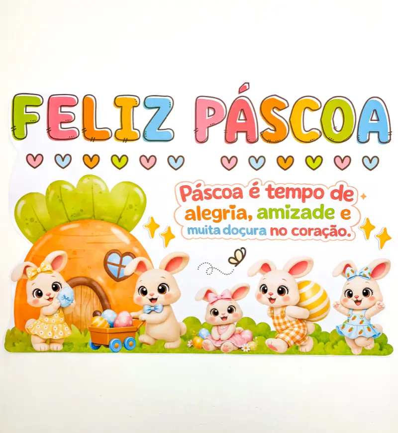 Painel de Páscoa com Coelhos e Casinha de Cenoura em PDF — amostra 1: Painel de Páscoa para decorar a sala de aula