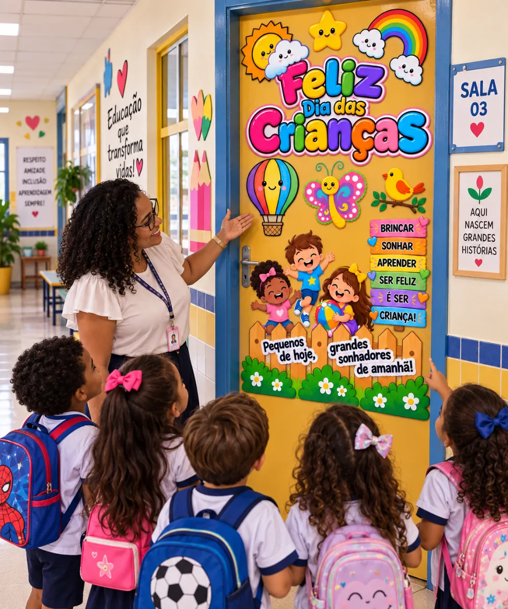 Painel de Porta Feliz Dia das Crianças – Decoração Escolar — amostra 5: Painel de porta colorido e divertido para decorar a…