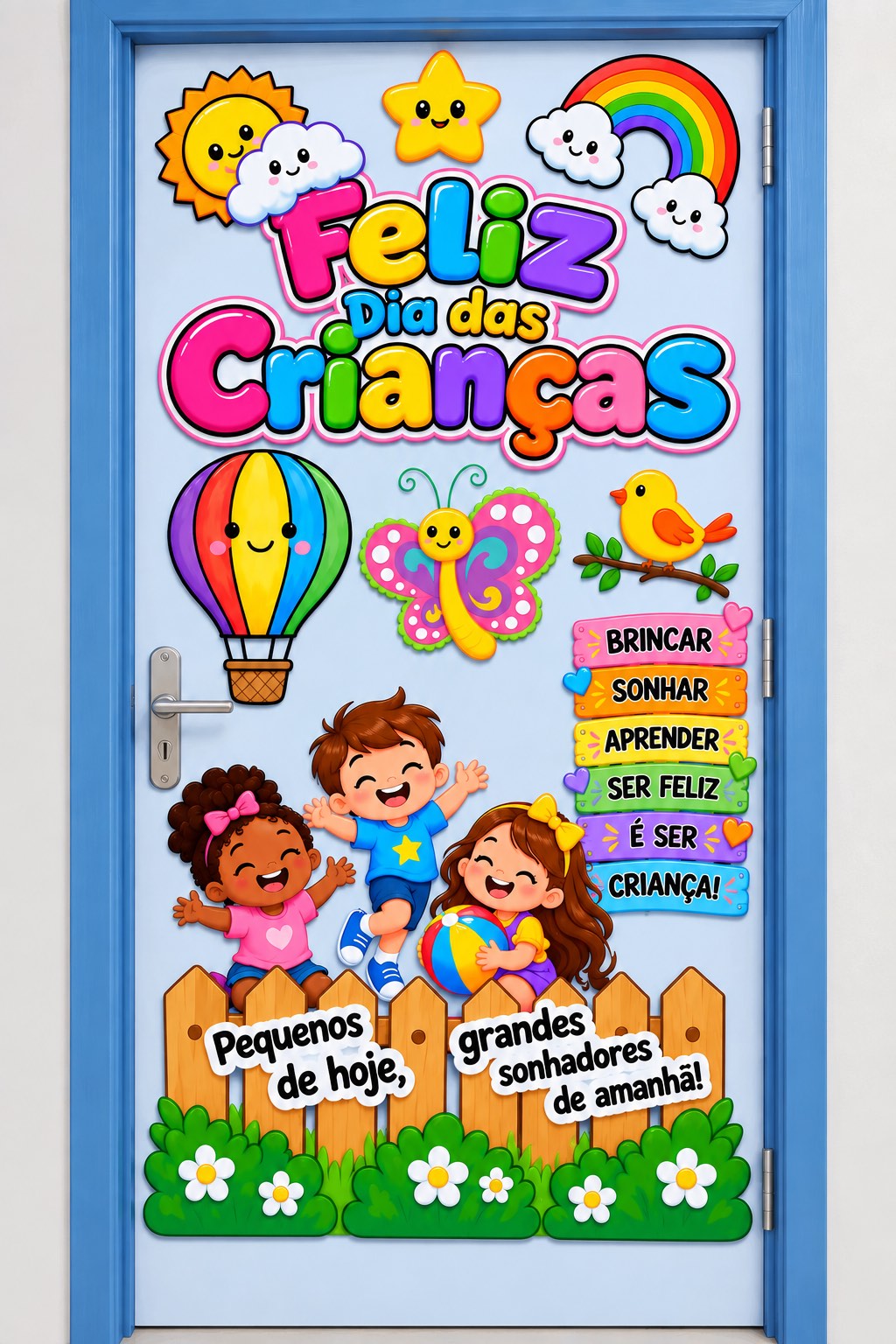 Painel de Porta Feliz Dia das Crianças para Decoração Escolar — amostra 6: Painel de porta colorido e encantador para o Dia…