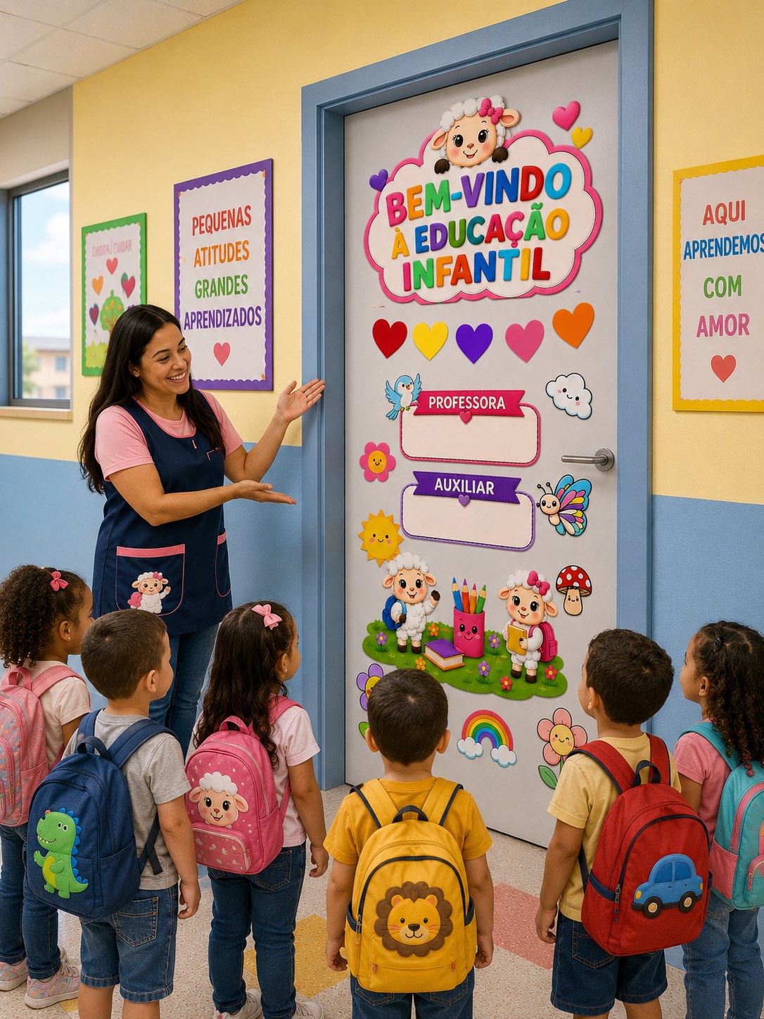 Painel de Porta “Seja Bem-Vindo à Educação Infantil — amostra 3: Painel de porta infantil em PDF com elementos coloridos e…