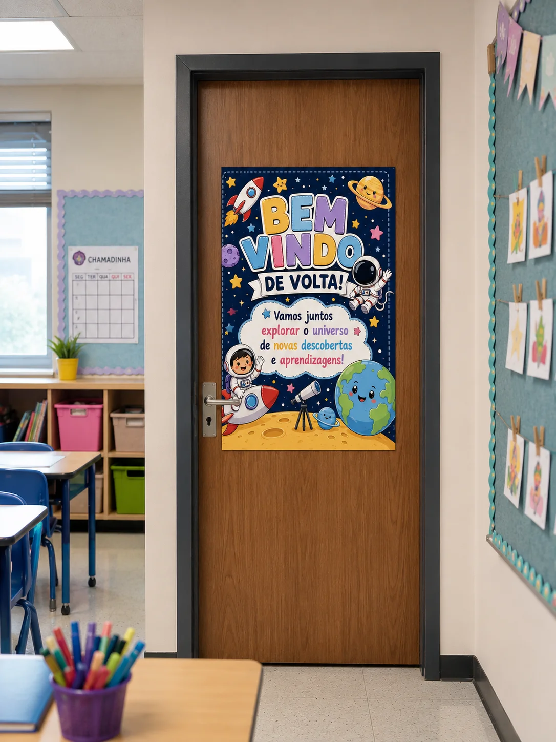 Painel de Porta Volta às Aulas – Tema Espaço — amostra 1: Decore a sala e receba seus alunos com um painel de porta…