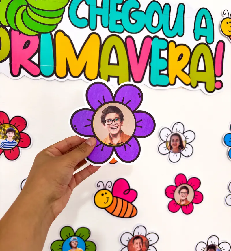 Painel de Primavera com Fotos dos Alunos em PDF para Imprimir — amostra 3: Como usar na escola