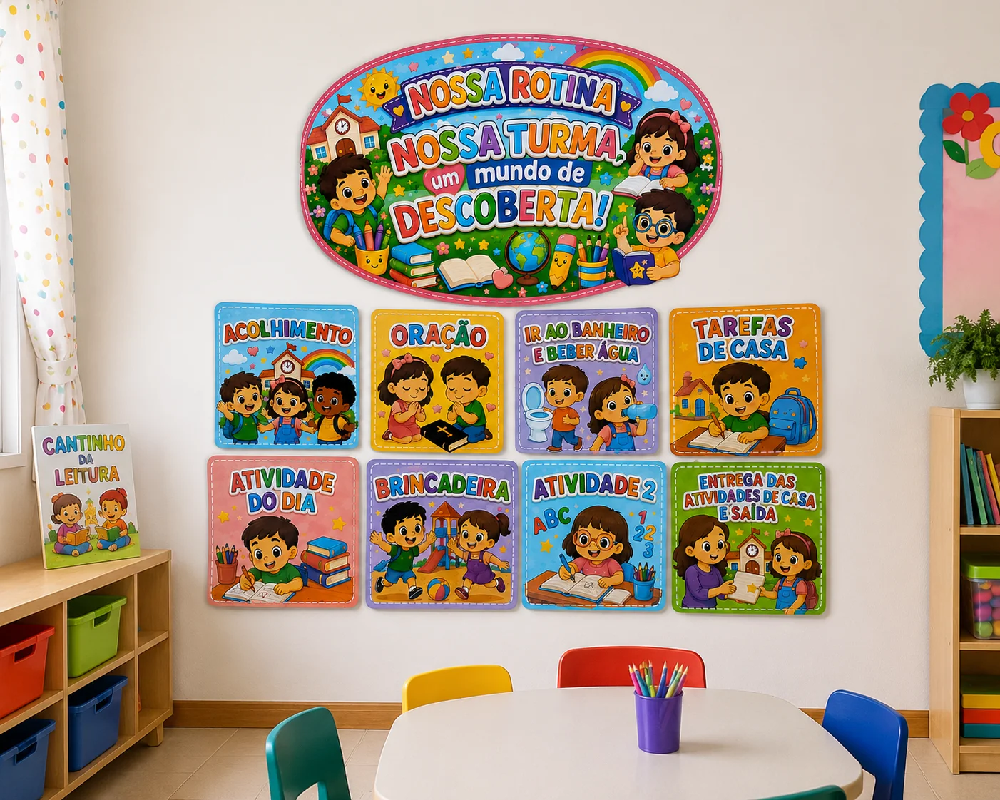 Painel de Rotina Educação Infantil – Nossa Turma — amostra 4: Painel de Rotina para Educação Infantil com cartões…