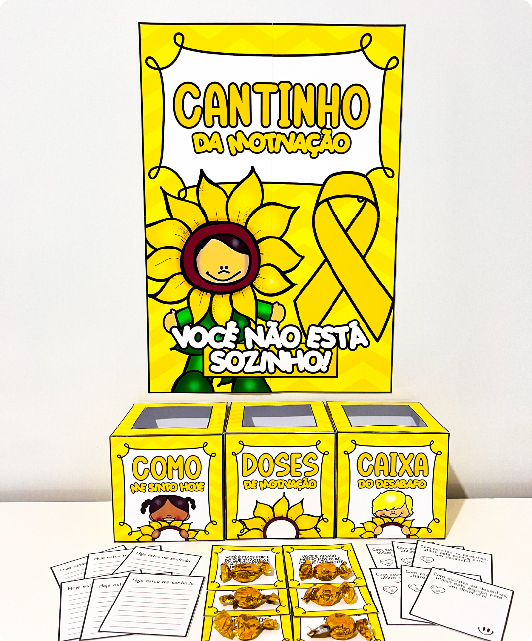 Painel de Setembro Amarelo para imprimir — amostra 5: Monte um espaço de acolhimento com painel, caixas temáticas e fichas…