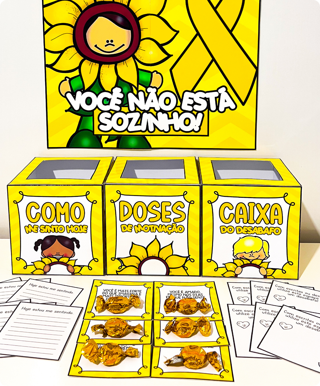 Painel de Setembro Amarelo para imprimir — amostra 6: Monte um espaço de acolhimento com painel, caixas temáticas e fichas…