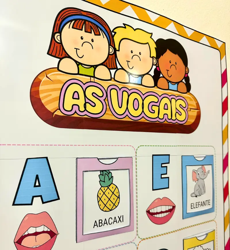 Painel de Vogais Interativo com Boquinhas para Imprimir — amostra 1: Painel de vogais para explorar letras e imagens