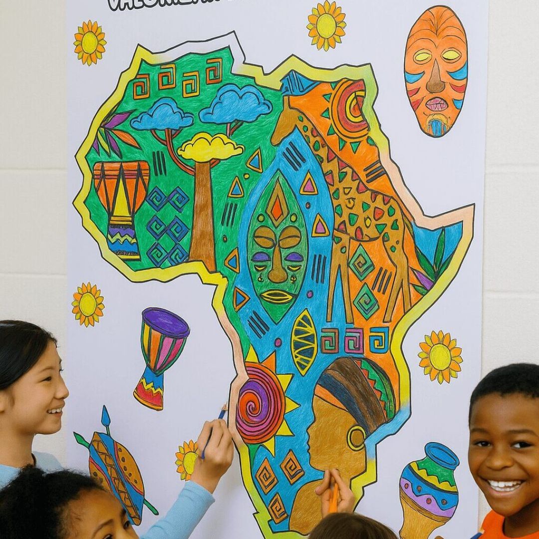 Painel / decoração pintura coletiva / mapa africano para colorir/ mapa da áfrica para colorir + folhinha a4 consciência negra — capa do material