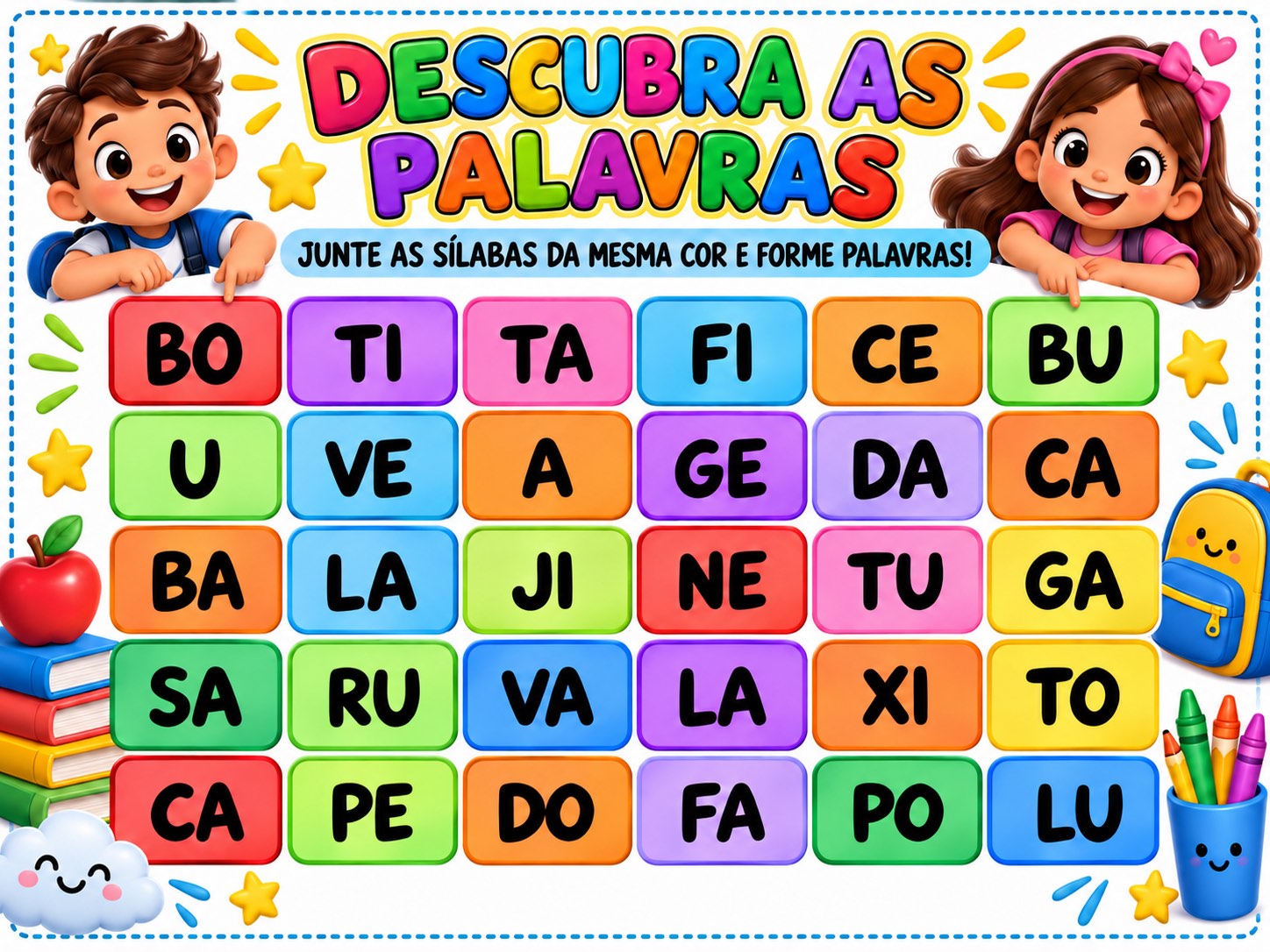 Painel Descubra as Palavras - Alfabetização Anos Iniciais — amostra 1: Uma atividade lúdica, colorida e interativa para…