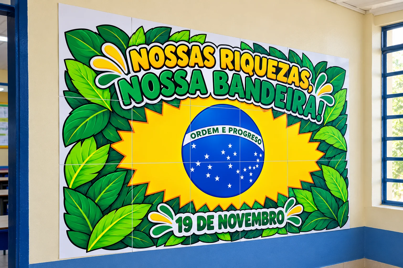 Painel Dia da Bandeira do Brasil – 19 de Novembro — amostra 1: Painel Dia da Bandeira ampliado em 18 folhas A4, pronto para…