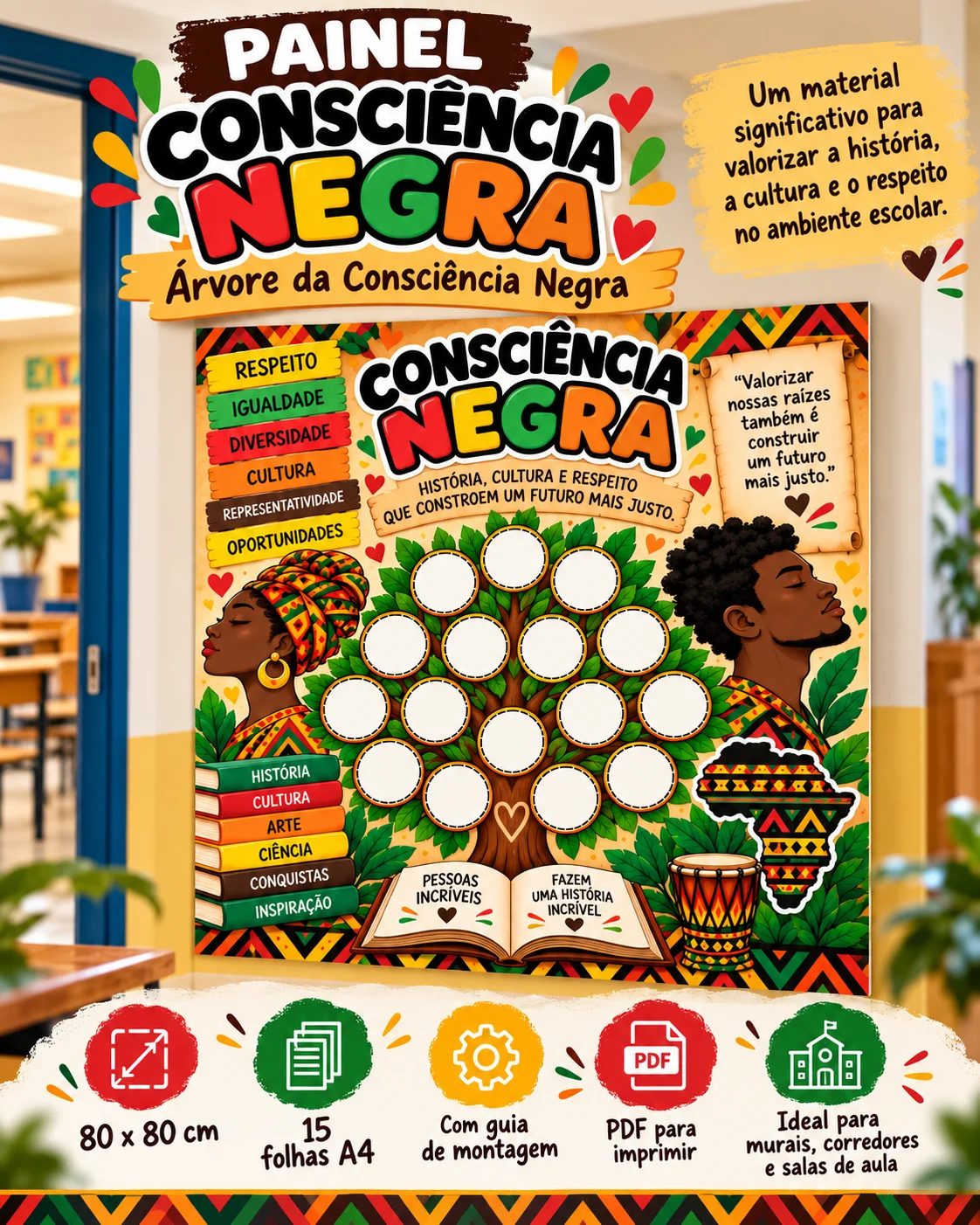 Painel Dia da Consciência Negra: Tamanho G 80×80 cm 1º e 2º Ano PDF — amostra 1: ✅ Tamanho G – 80×80 cm total 15 folhas A4