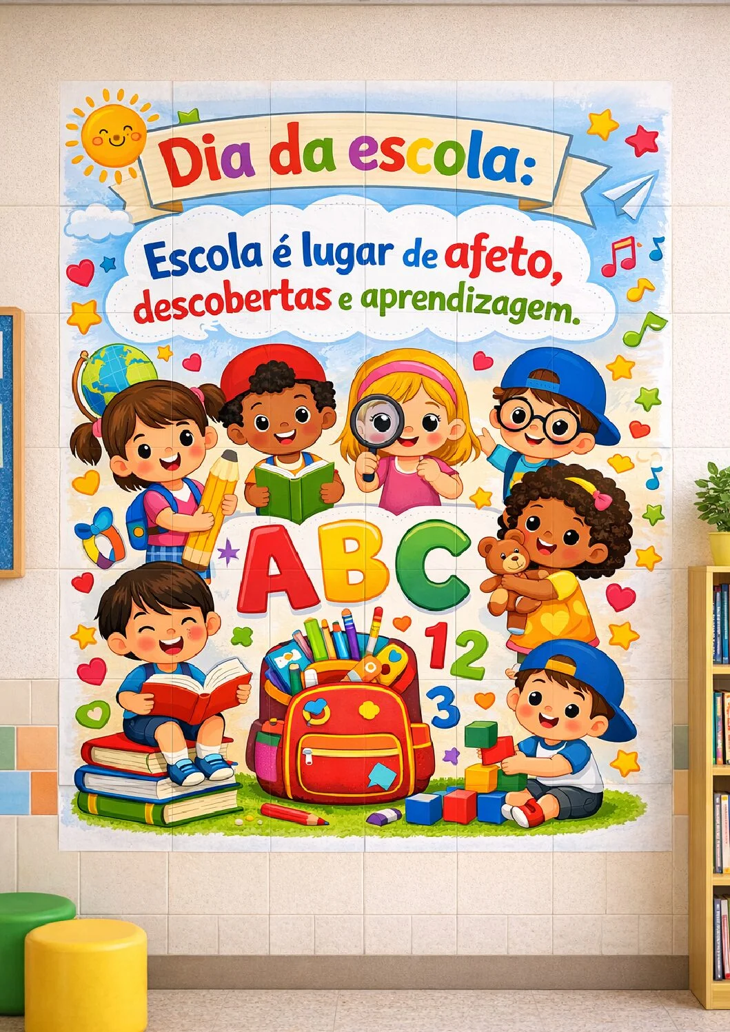 Painel dia da escola — amostra 2: Painel Dia da Escola – Arquivo ampliado em 16 folhas A4 Este lindo painel temático do Dia…