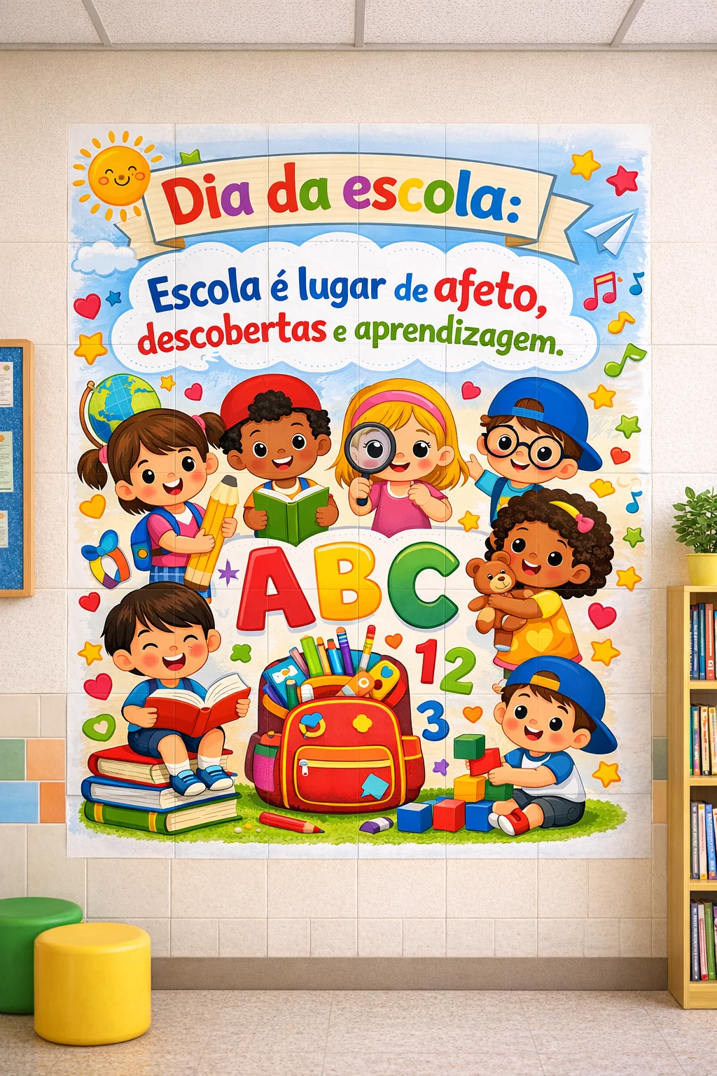 Painel dia da escola — amostra 3: Painel Dia da Escola – Arquivo ampliado em 16 folhas A4 Este lindo painel temático do Dia…