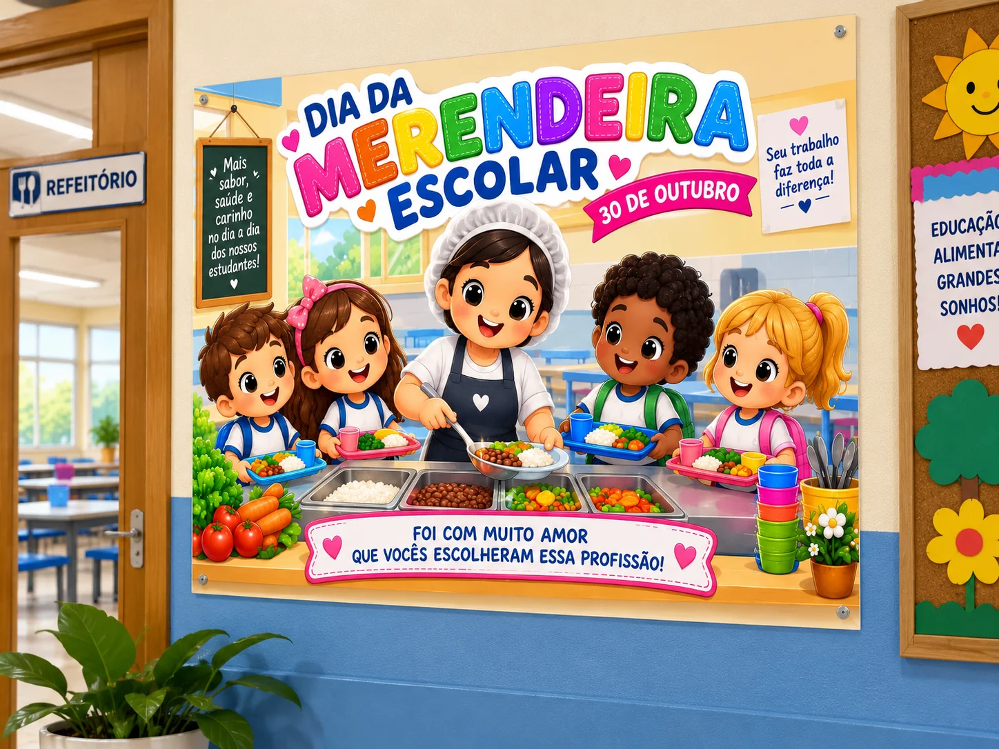 Painel Dia da Merendeira Escolar – Homenagem com Carinho — amostra 1: Painel Dia da Merendeira Escolar para homenagear as…