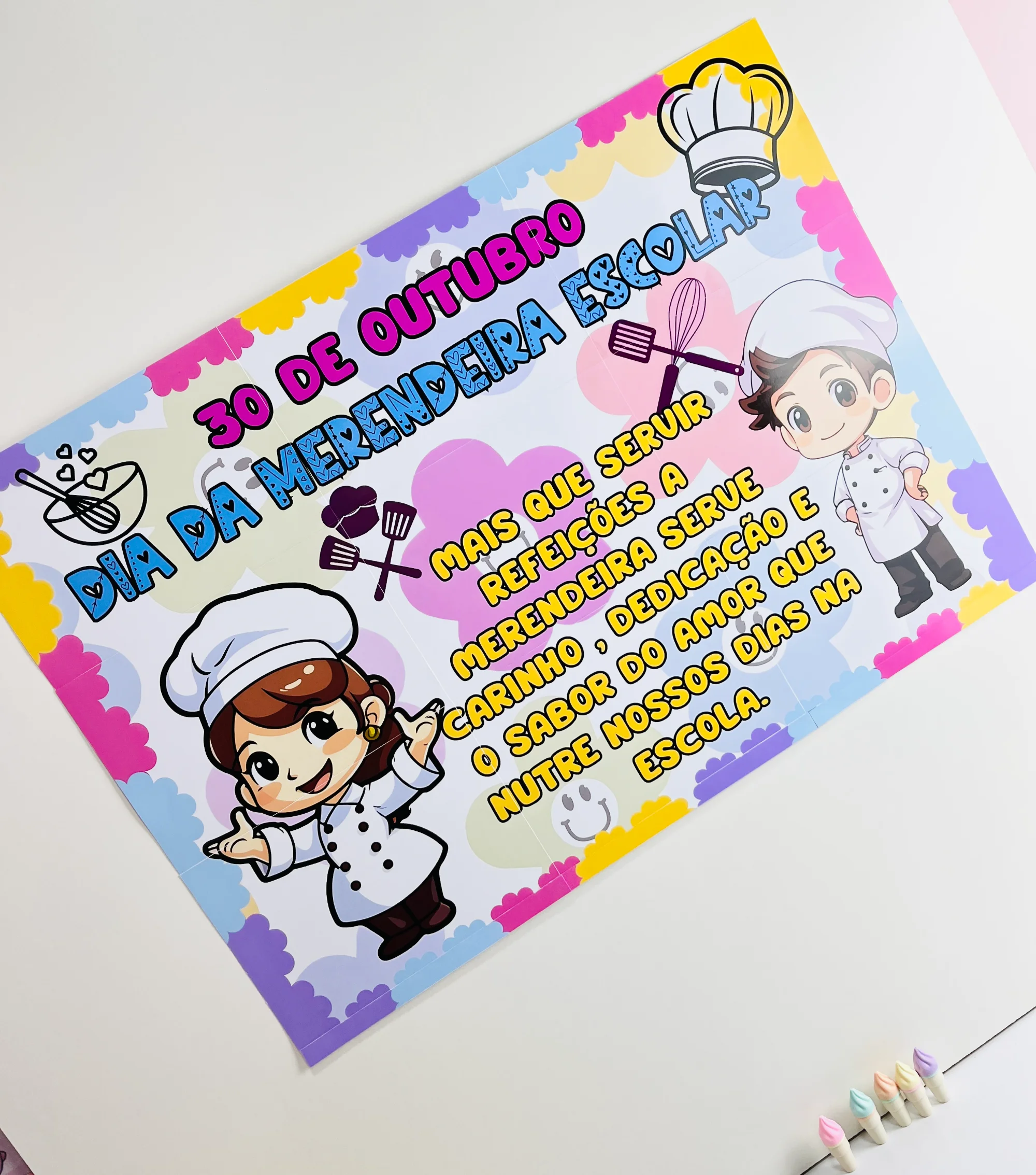 PAINEL DIA DA MERENDEIRA ESCOLAR – LÚDICA - ANOS INICIAIS E INFANTIL — amostra 5: No dia 30 de outubro, Dia da Merendeira…