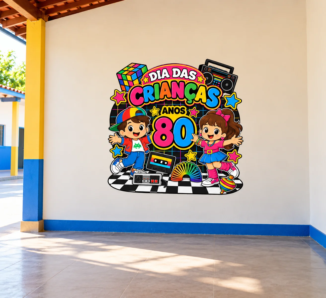 Painel Dia das Crianças Anos 80 – 19 Folhas A4 — amostra 3: Painel Dia das Crianças tema Anos 80, com 19 folhas A4