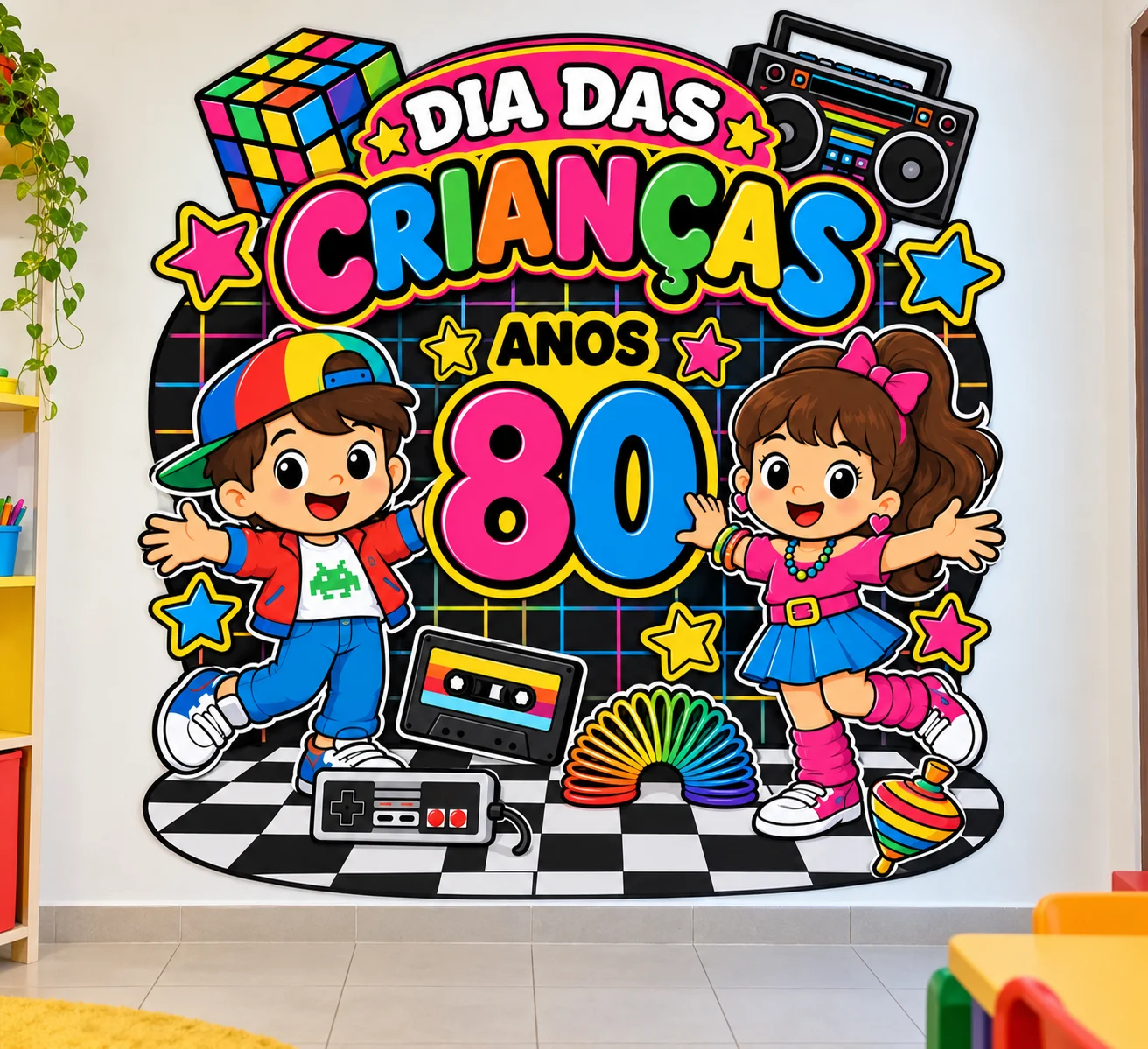 Painel Dia das Crianças Anos 80 – 19 Folhas A4 — amostra 4: Painel Dia das Crianças tema Anos 80, com 19 folhas A4
