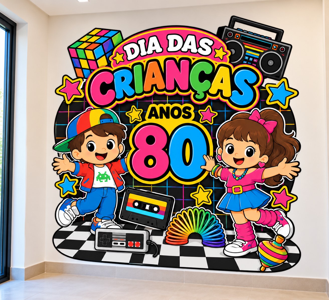 Painel Dia das Crianças Anos 80 – Decoração Escolar — amostra 2: Um painel alegre, colorido e inspirado no clima divertido…