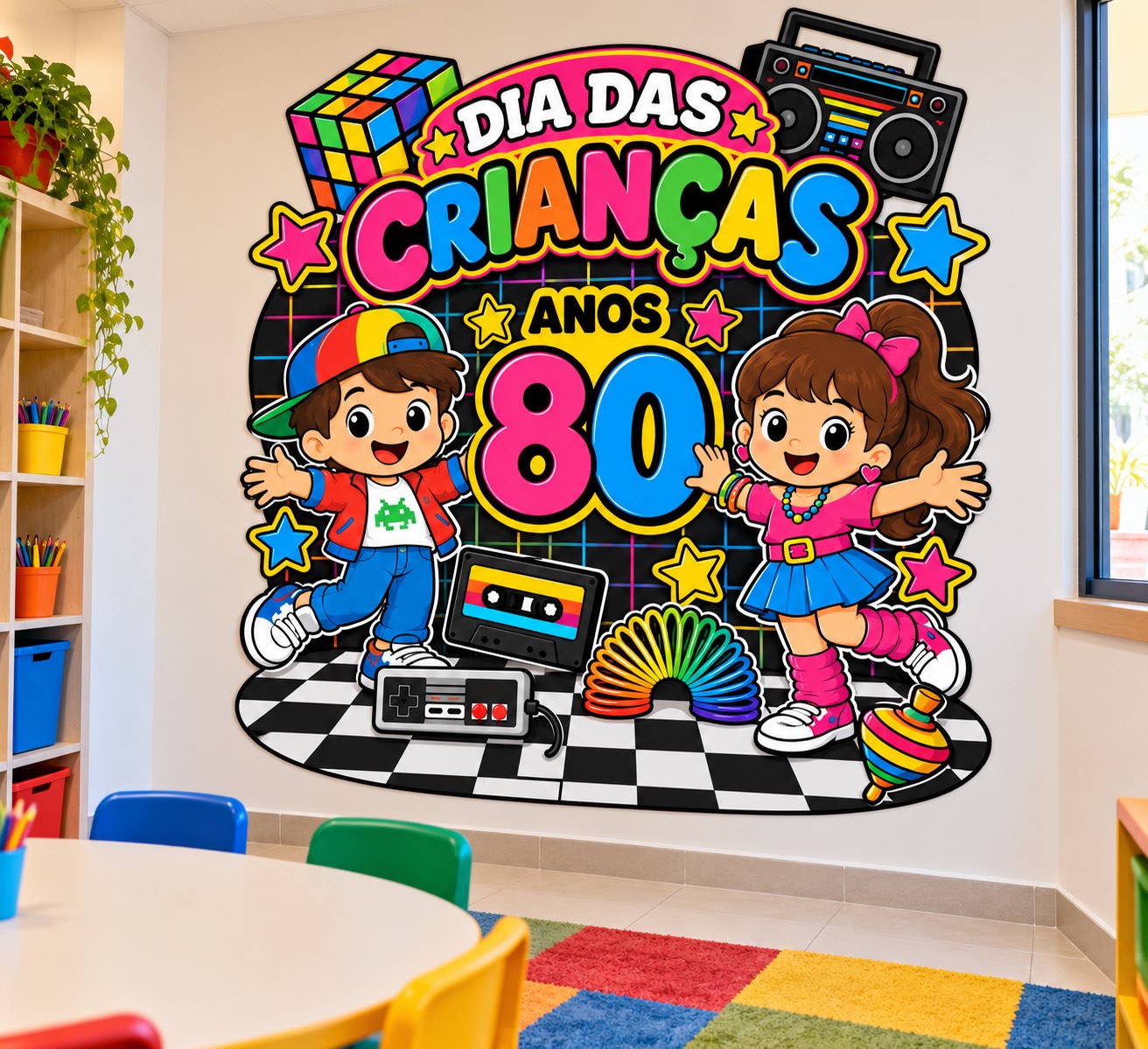 Painel Dia das Crianças Anos 80 – Decoração Escolar — amostra 3: Um painel alegre, colorido e inspirado no clima divertido…