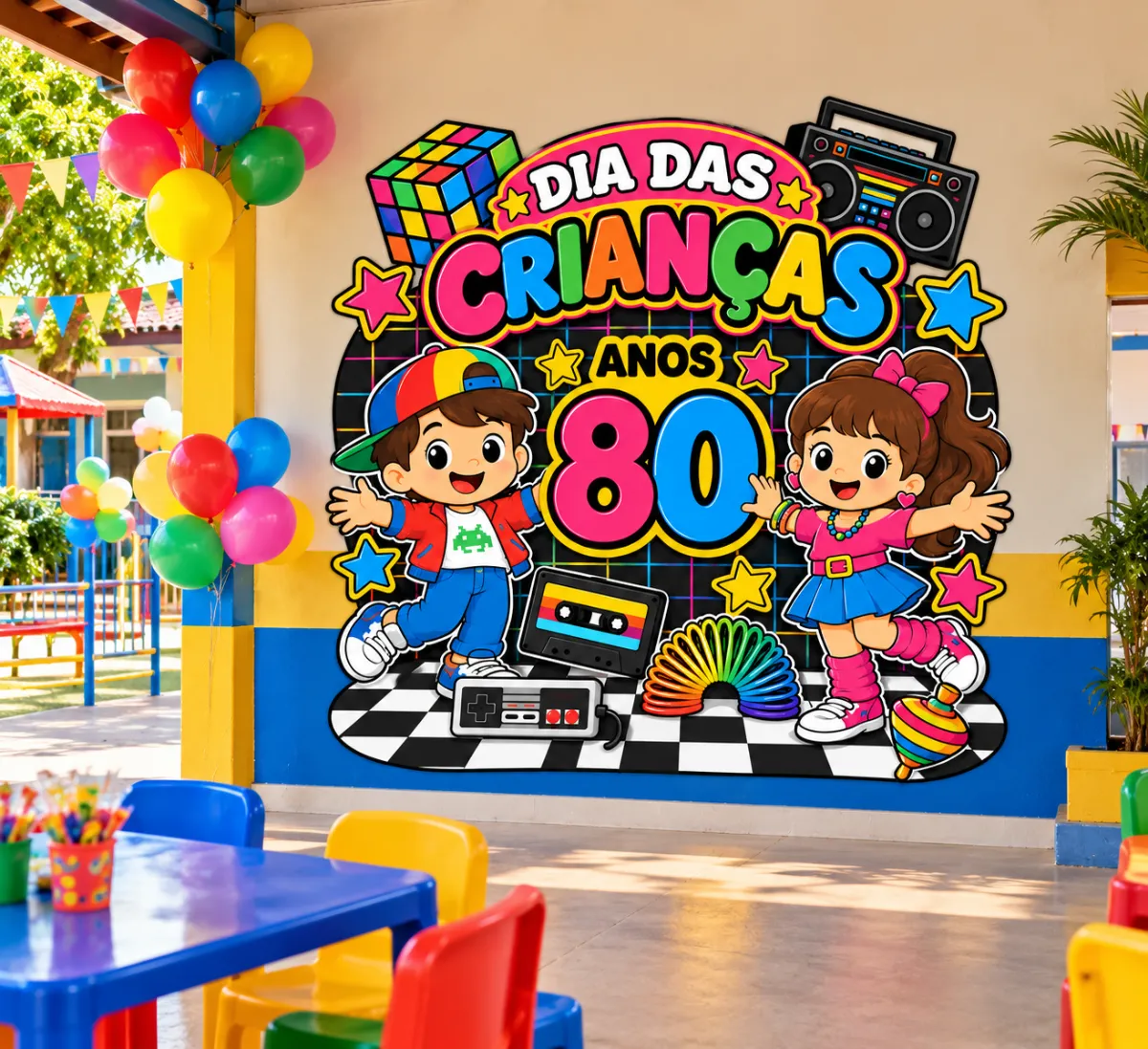 Painel Dia das Crianças Anos 80 –Educação Infantil — amostra 2: Painel Dia das Crianças tema Anos 80, com 19 folhas A4