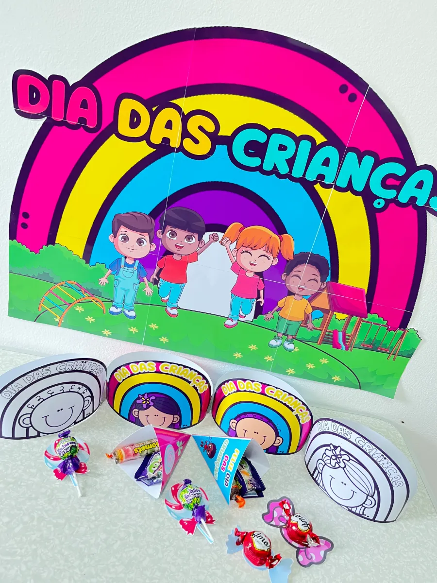 Painel Dia das Crianças Arco-Íris com Lembrancinhas para Imprimir — amostra 1: Uma decoração colorida e encantadora para…
