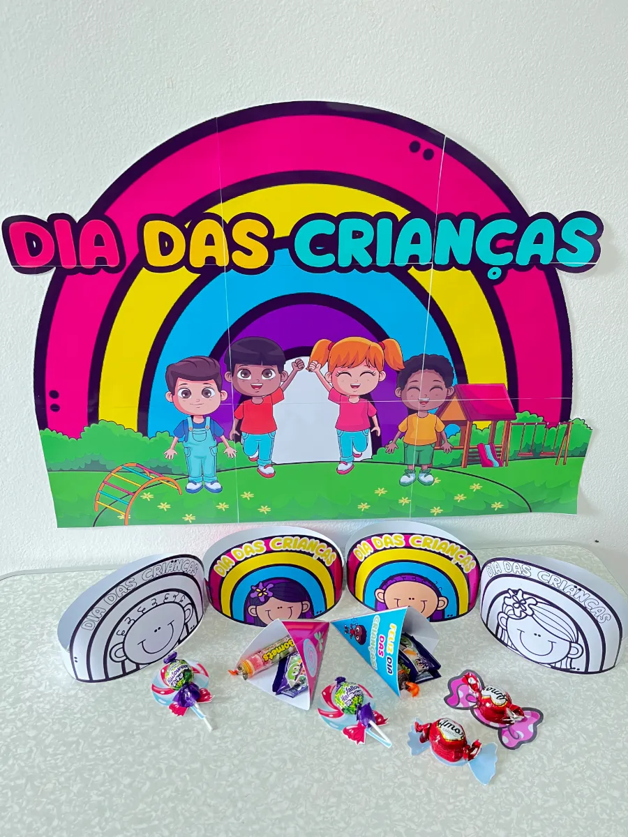 Painel Dia das Crianças Arco-Íris com Lembrancinhas para Imprimir — Atividades para Educação Infantil: Uma decoração…
