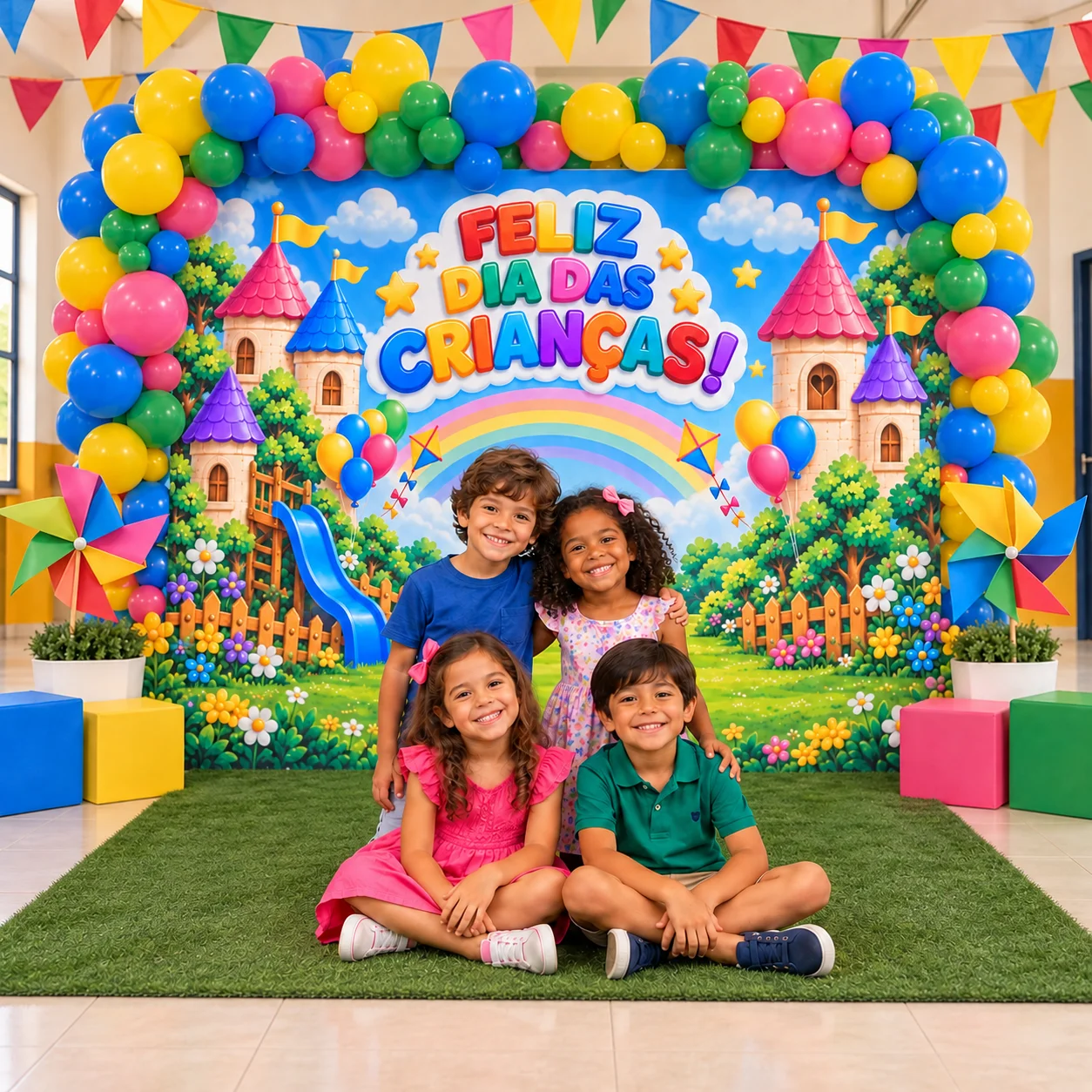 Painel Dia das Crianças com Castelo e Arco-Íris — Datas comemorativas para Educação Infantil: Painel colorido de Dia das…