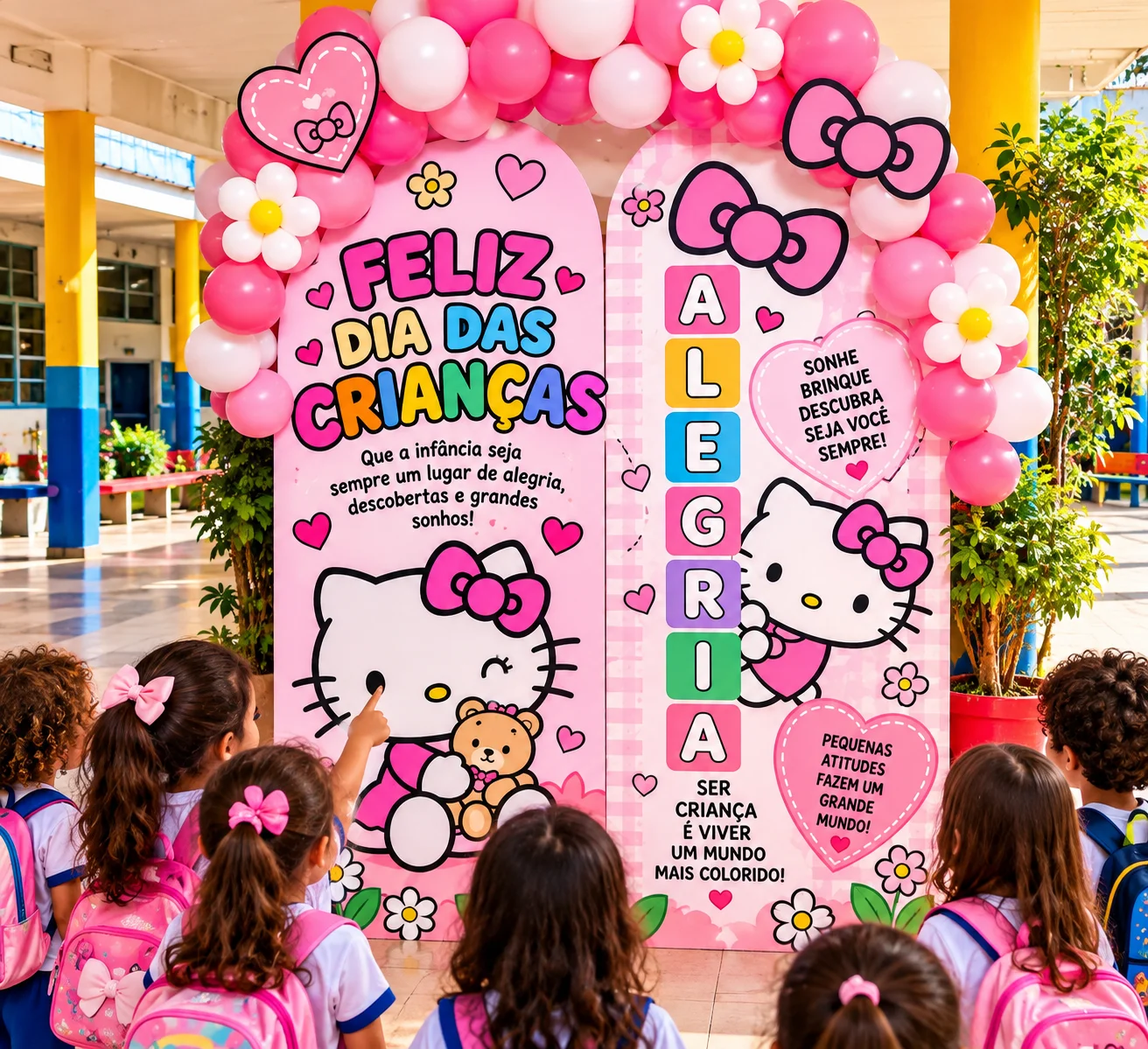 PAINEL DIA DAS CRIANÇAS COR ROSA – HELLO KITTY — amostra 1: Um painel lindo, delicado e superencantador para deixar a…