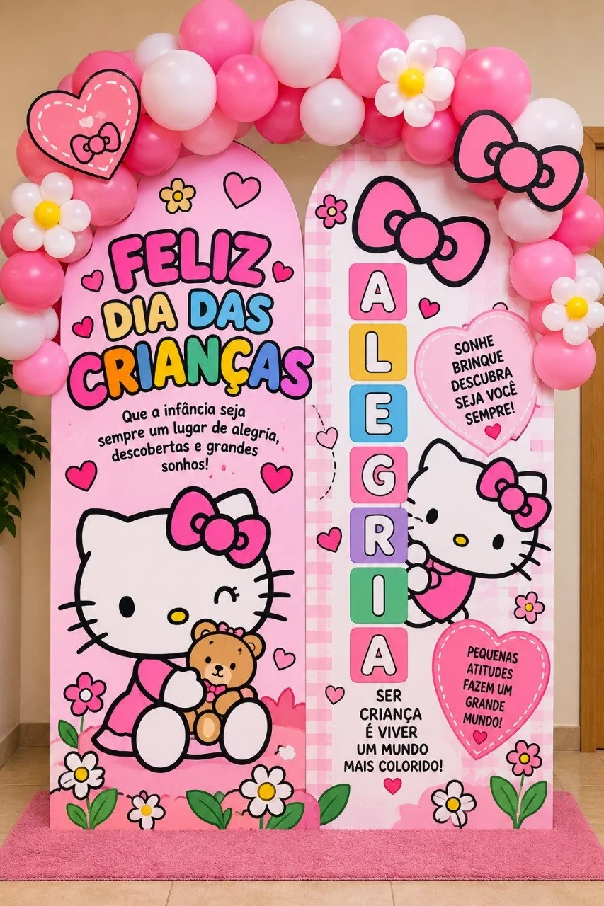 PAINEL DIA DAS CRIANÇAS COR ROSA – HELLO KITTY — Datas comemorativas para Educação Infantil: Um painel lindo, delicado e…