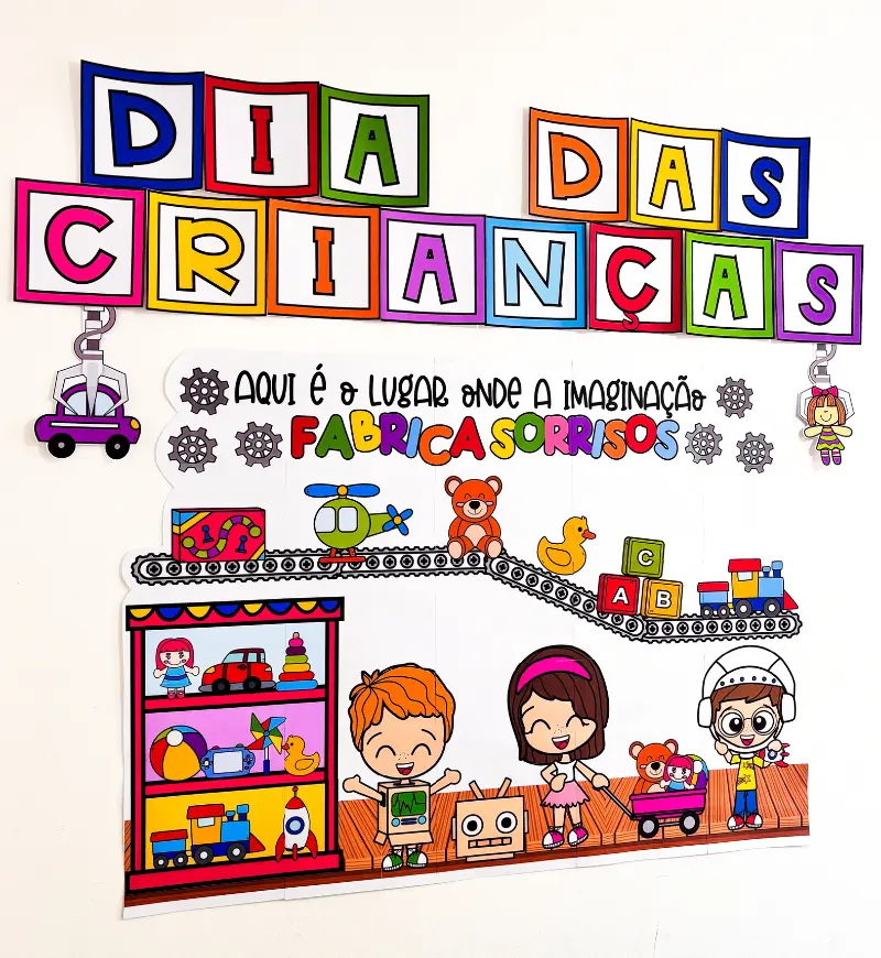 Painel Dia das Crianças: Fábrica de Brinquedos em PDF — amostra 1: Painel Dia das Crianças com tema Fábrica de Brinquedos
