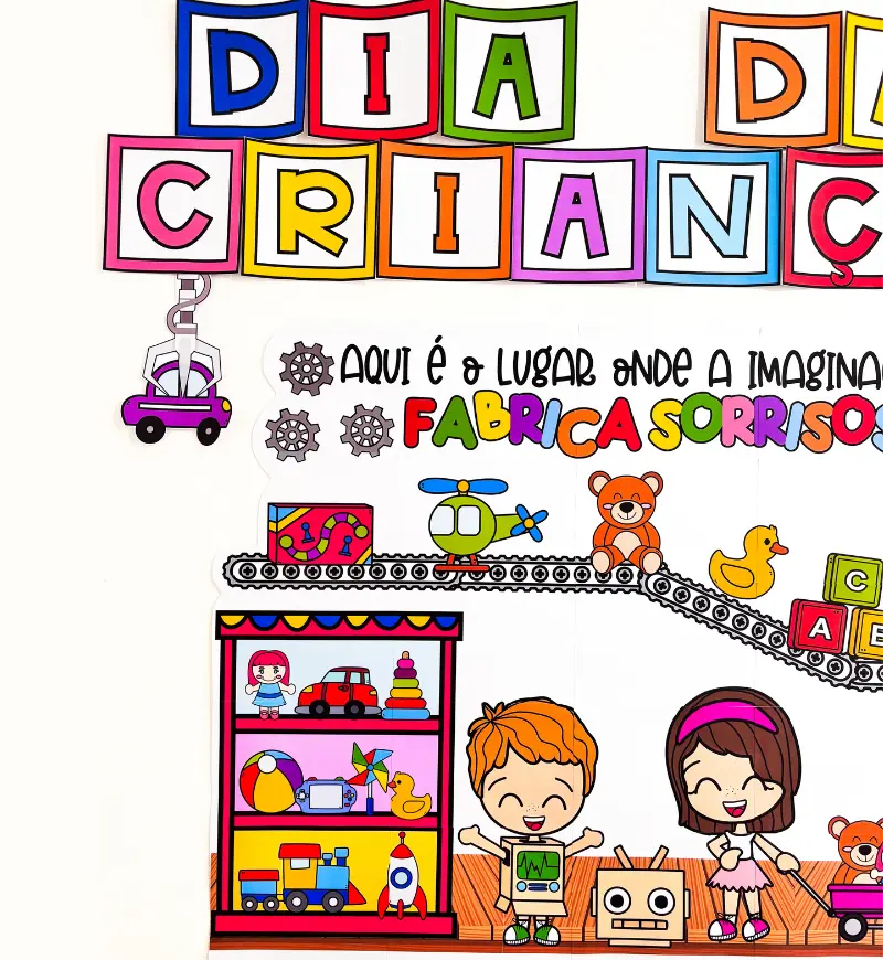 Painel Dia das Crianças: Fábrica de Brinquedos em PDF — amostra 2: O que vem no material