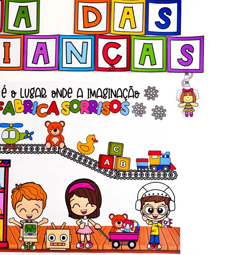 Painel Dia das Crianças: Fábrica de Brinquedos em PDF — amostra 3: Como usar na escola