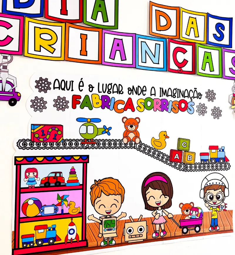 Painel Dia das Crianças: Fábrica de Brinquedos em PDF — amostra 5: Crie um cenário lúdico para o Dia das Crianças com o…