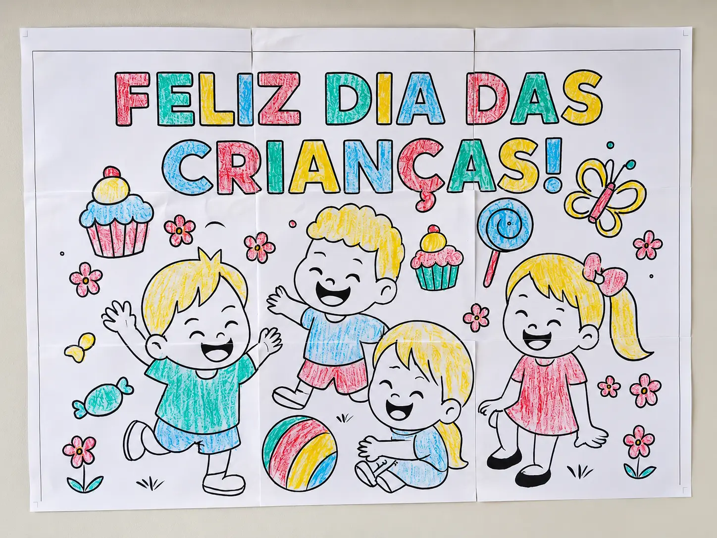 Painel Dia das Crianças para Colorir – PDF para Imprimir — amostra 1: O que vem no material
