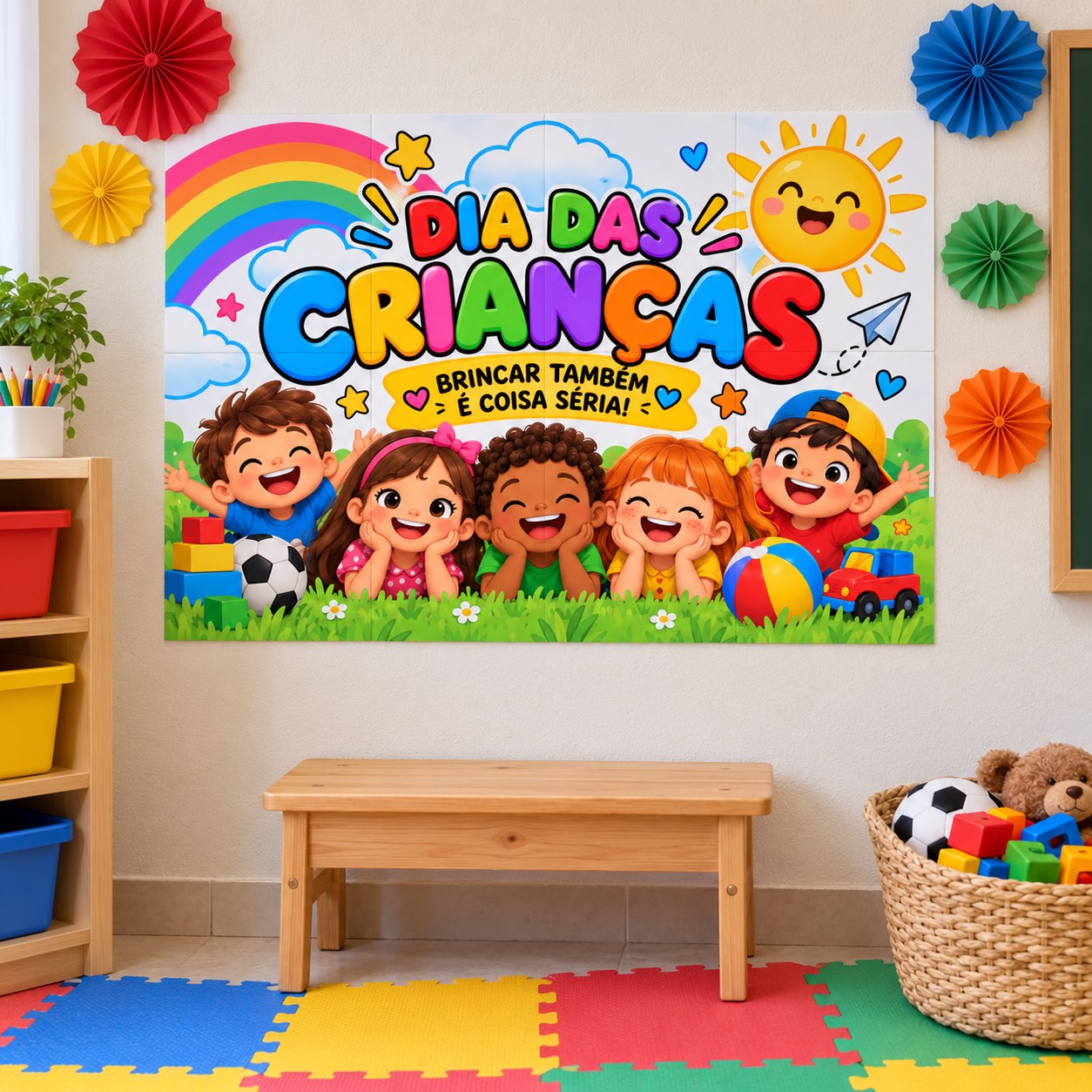 Painel Dia das Crianças para Imprimir – Decoração Escolar em 8 A4 — amostra 1: Painel Dia das Crianças em PDF com 8 folhas A4