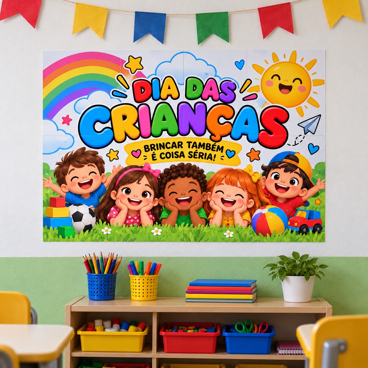 Painel Dia das Crianças para Imprimir – Decoração Escolar em 8 A4 — amostra 2: Painel Dia das Crianças em PDF com 8 folhas A4