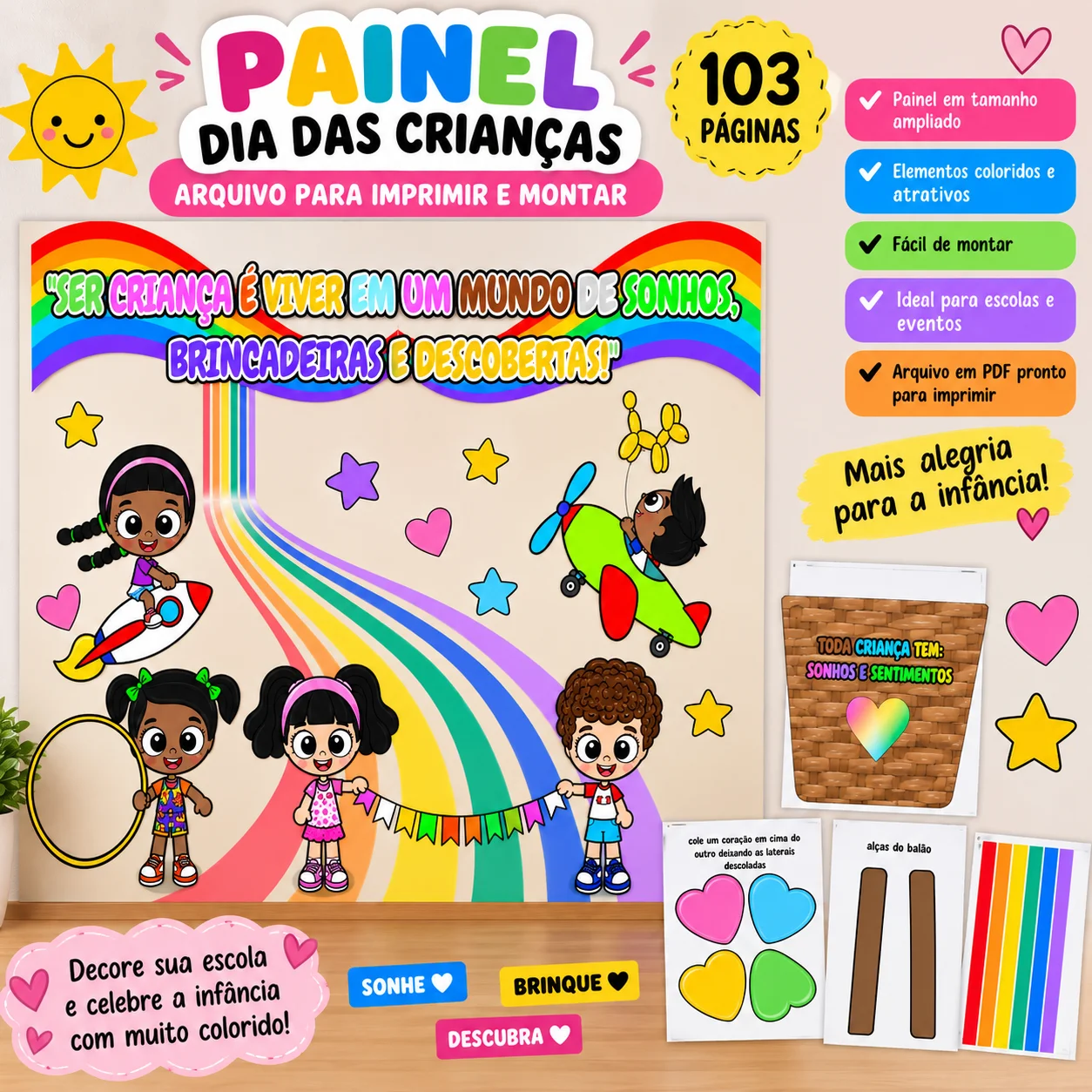 Painel Dia das Crianças Ser Criança é Viver em um Mundo de Sonhos — amostra 1: Painel colorido e encantador para comemorar…